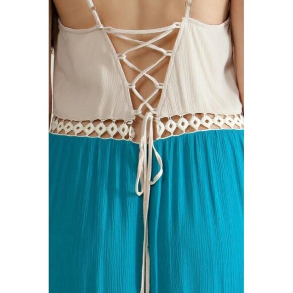 Turquoise Jade Cream ENTRO Color Block BOHO Tie Back Cruise Festival Maxi Dress - Picture 5 of 5
